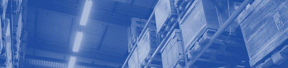 Warehouse shelves in blue.