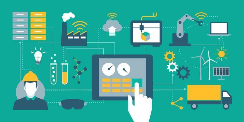 illustration of hand working on a tablet and managing manufacturing plant and distribution