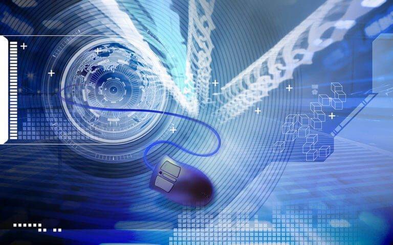 Computer mouse on digitized background internet of things and erp